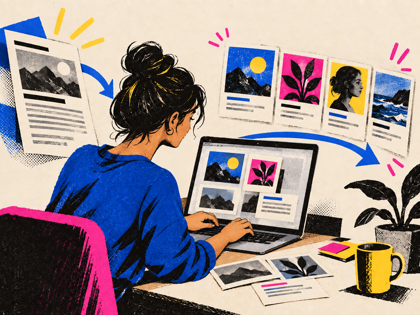 Illustrated creator typing on a laptop while composing visual carousel cards