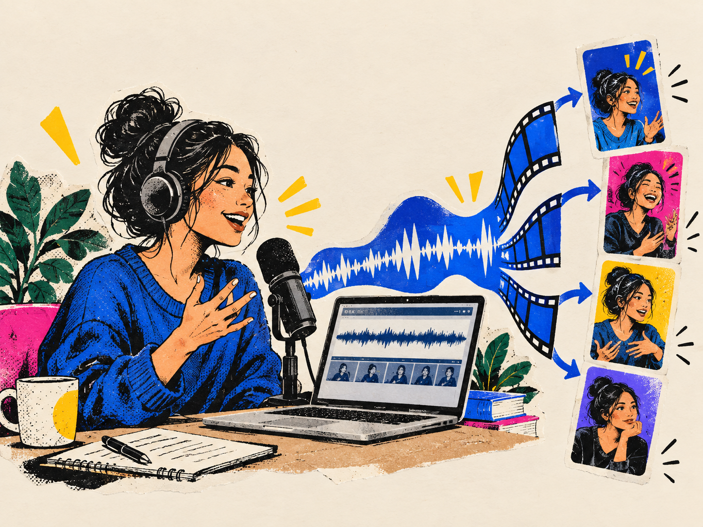 Illustrated creator recording a conversation and turning it into short clips