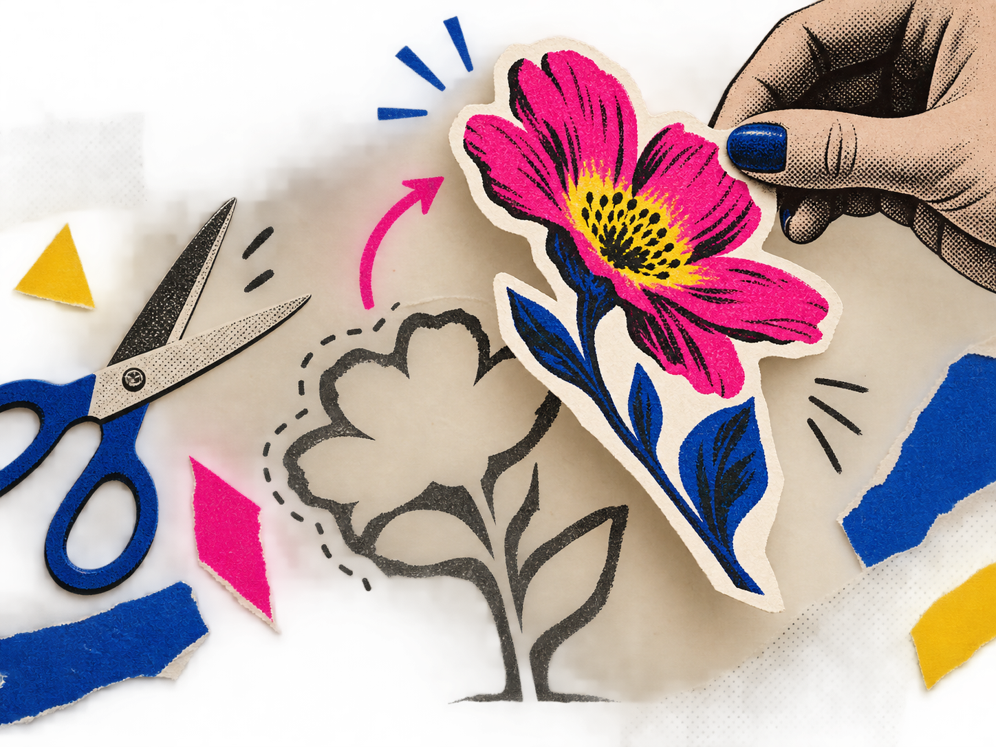 Illustrated hand lifting a cutout from a paper scene
