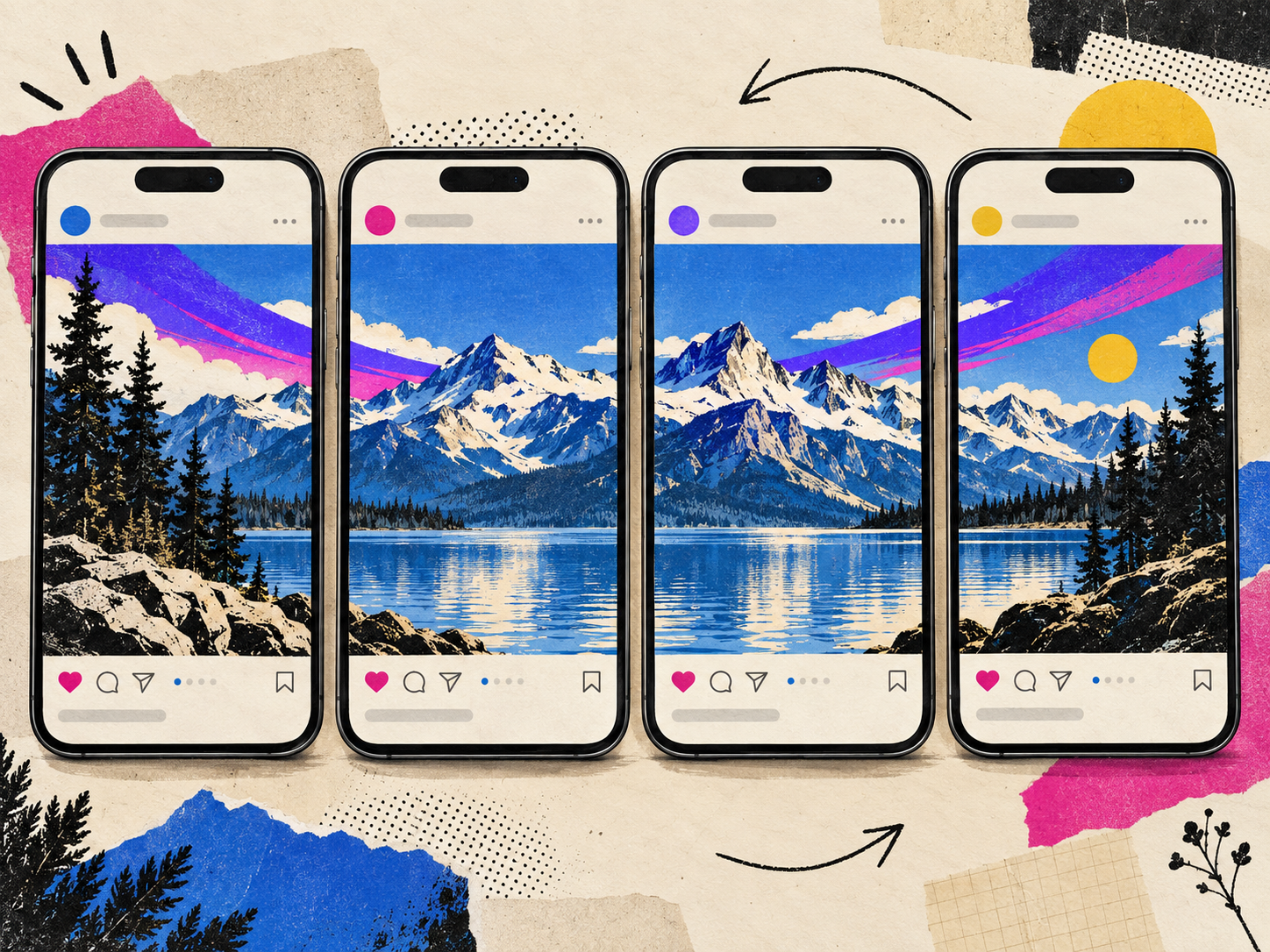 Four phones showing one continuous mountain panorama split across connected Instagram panels